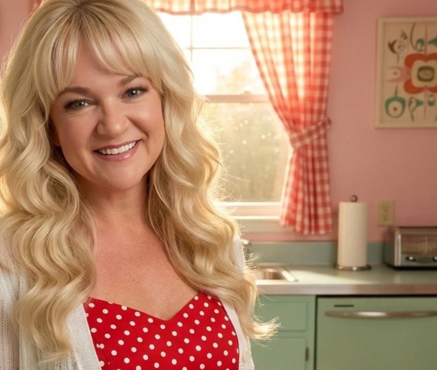 Marissa smiling in her vintage pink kitchen